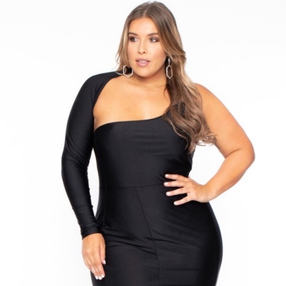 Curvy Sense spandex one shoulder gown in black - Picture 6 of 7